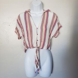 Be Cool Medium Short Sleeve Crop Top Short Button Up Knot Tie Multicolor Stripes